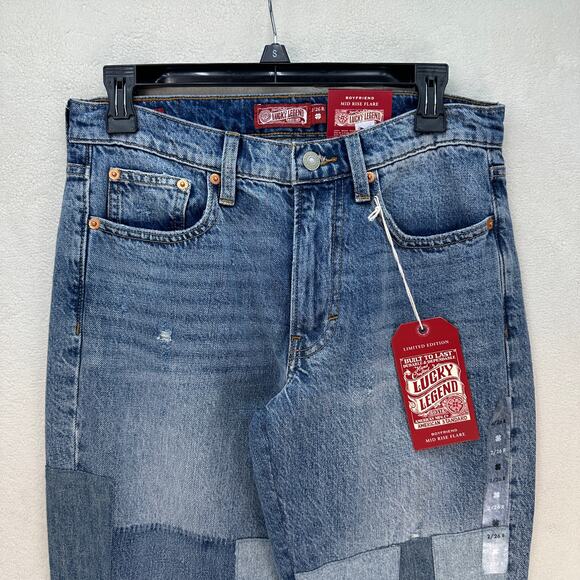 LUCKY BRAND LEGEND SERIES WOMEN'S 2/26 BOYFRIEND MID RISE FLARE PATCHWORK - Picture 2 of 8